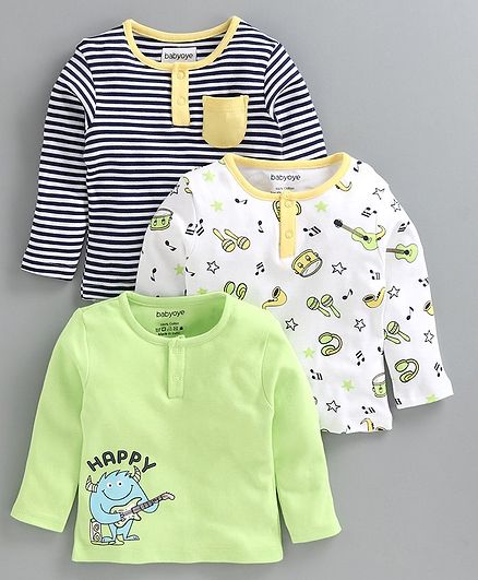 Babyoye Full Sleeves Tee Musical Instrument Print Pack of 3 - Lime Green White