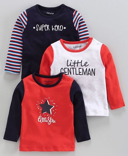Babyoye Full Sleeves Tee Text Print Pack of 3 - Maroon