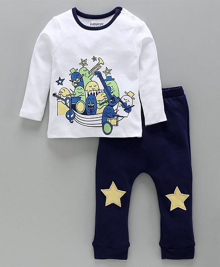Babyoye Full Sleeves Cotton Tee & Lounge Pant Band Print - White Navy Blue
