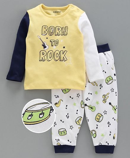 Babyoye Full Sleeves Tee & Lounge Pant Music Print - Yellow White