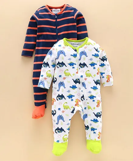 Babyoye Cotton Full Sleeves Footed Sleepsuits Pack of 2 - White Navy