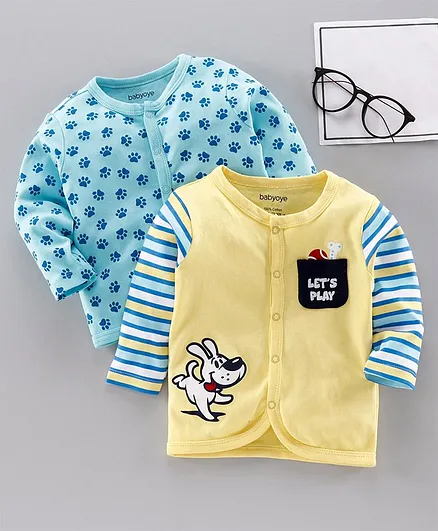 Babyoye Cotton Jhabla Paw Print Pack Of 2 - Yellow Blue