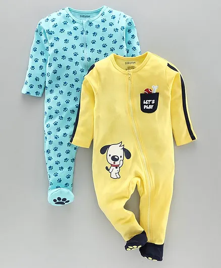 Babyoye Cotton Full Sleeves Footed Sleepsuits Puppy & Paw Print Pack of 2 - Yellow Blue