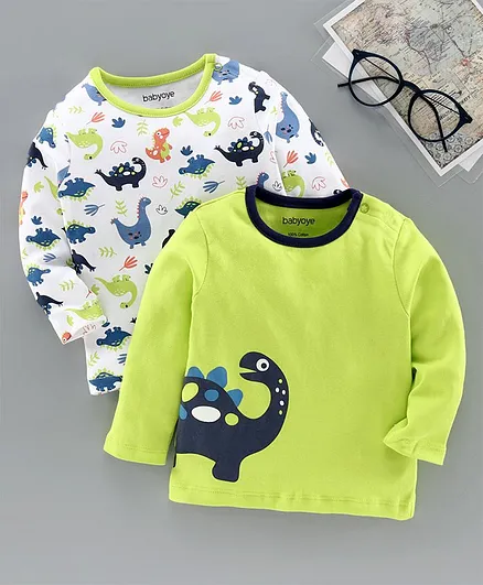 Babyoye Cotton Full Sleeves Tee Dino Print Pack of 2 - Green White