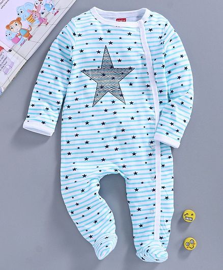 Babyhug Full Sleeves Footed Sleepsuit Star Print - Blue