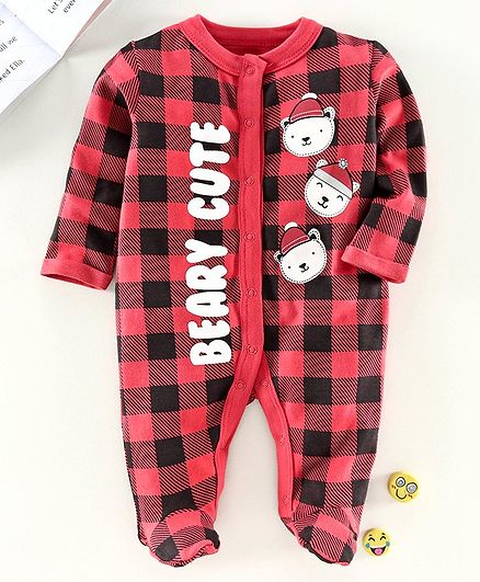 Babyhug Full Sleeves Footed Sleep Suit - Red