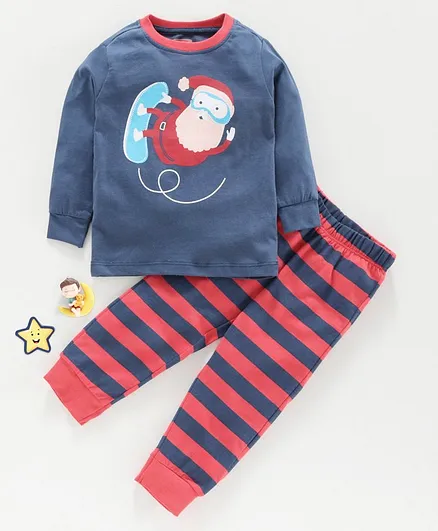 Babyhug Full Sleeves Nightwear Stripes & Santa Print - Navy Blue