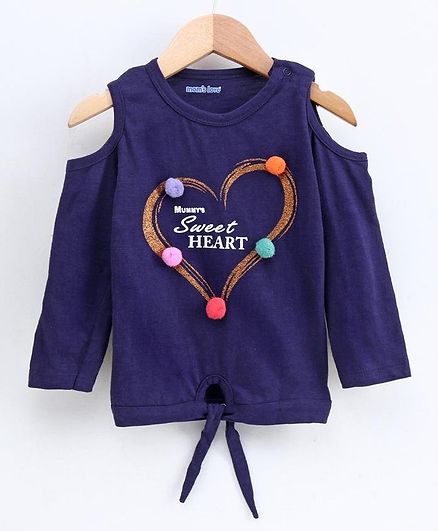 Mom's Love Full Sleeves Cold Shoulder Top Glitter Heart & Pom Pom Detail - Navy