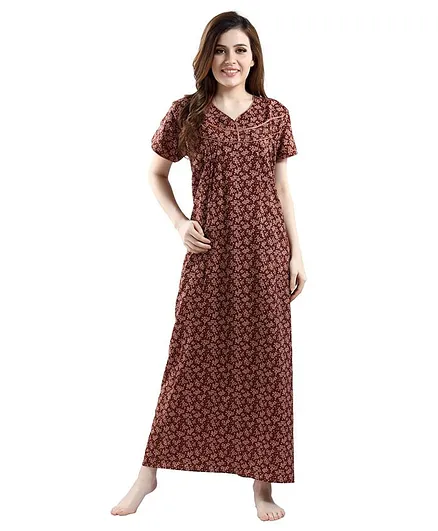 Piu Half Sleeves Floral Print Nighty - Brown
