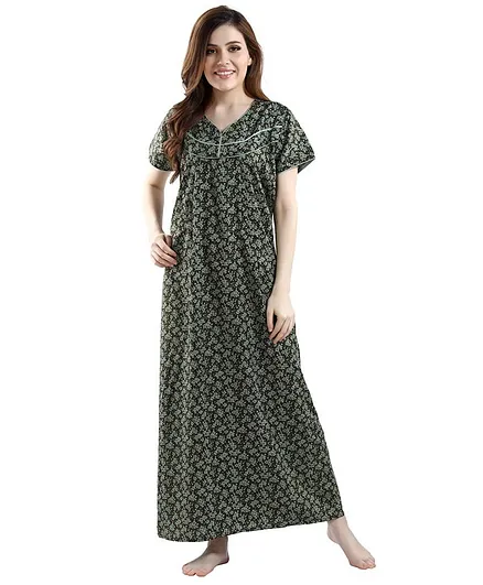 Piu Half Sleeves Floral Print Nighty - Green