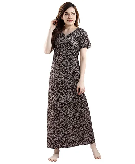 Piu Half Sleeves Floral Print Nighty - Dark Brown