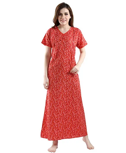 Piu Half Sleeves Floral Print Nighty - Red