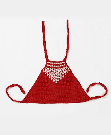 USHA ENTERPRISES White Pearls Embellished Sleeveless Halter Top - Red