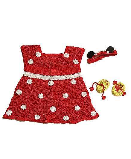 USHA ENTERPRISES Polka Dot Pattern Sleeveless Dress With Headband & Booties - Red