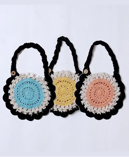 USHA ENTERPRISES Set Of 3 Scallop Trimmed Bibs - Blue Yellow Peach