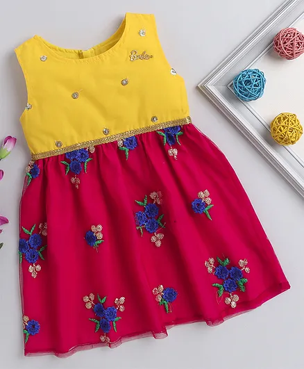 Barbie by Many Frocks & Sleeveless Flower Embroidery Detailing Dress - Red & Yellow