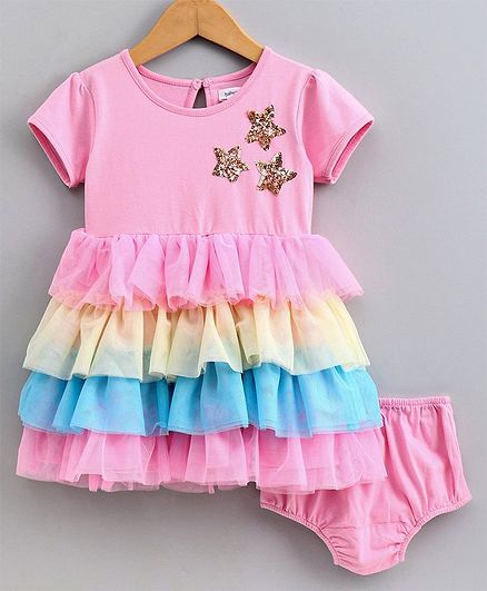 Babyoye Short Sleeves Layered Frock With Bloomer Sequinned Star- Pink Blue Yellow