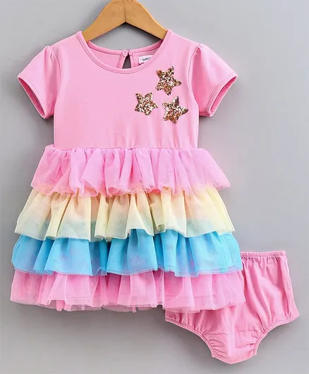 Babyoye Short Sleeves Layered Frock With Bloomer Sequinned Star- Pink Blue Yellow