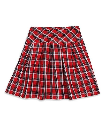 Blue Giraffe Checked Flared Skirt - Red