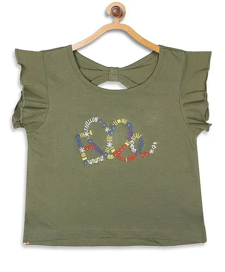 Elle Kids Heart Embroidered Short Sleeves Tee - Olive