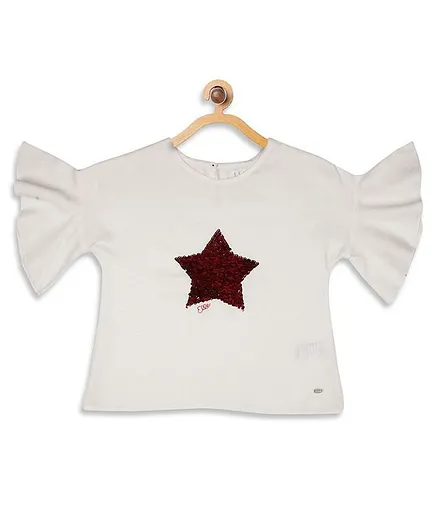 Elle Kids Star Sequin Embellished Half Sleeves Top - White
