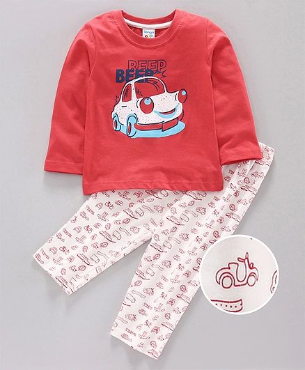 Tango Full Sleeves Tee & Lounge Pant Car Print - White Coral