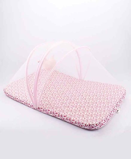 Blooming Buds Mattress with Mosquito Net & Hanging Toy Rose Print - Pink