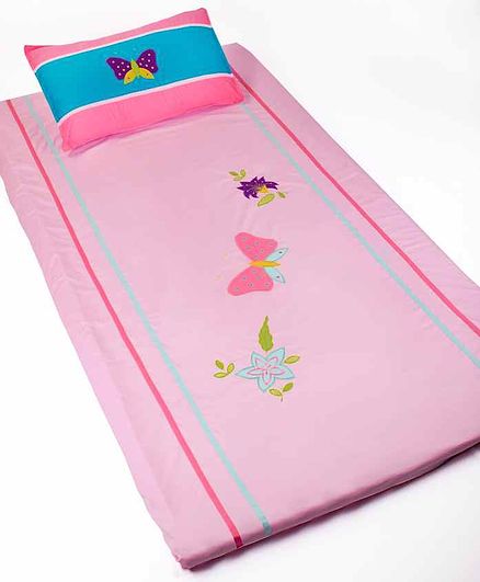 Blooming Buds Butterfly Embroidery Single Cotton Bedsheet with Pillow Cover - Blue