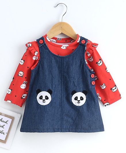 Babyoye Frock with Full Sleeves Tee Panda Print - Navy Red