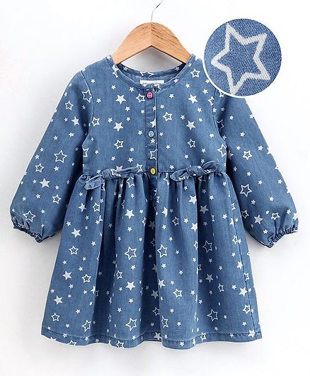 Babyoye Balloon Sleeves Denim Frock Star Print - Blue