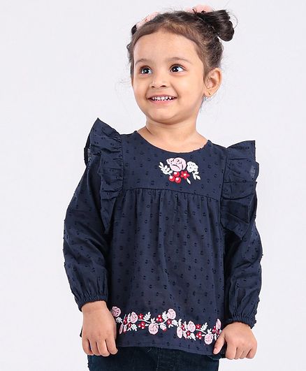 Babyoye Full Sleeves Floral Embroidered Top - Navy