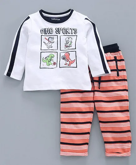 Babyoye Full Sleeves Tee & Stripes Lounge Pant Dino Sport Print - White Peach