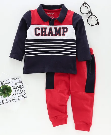 Babyoye Cotton Full Sleeves Tee with Lounge Pant Champ Print - Navy Blue Red