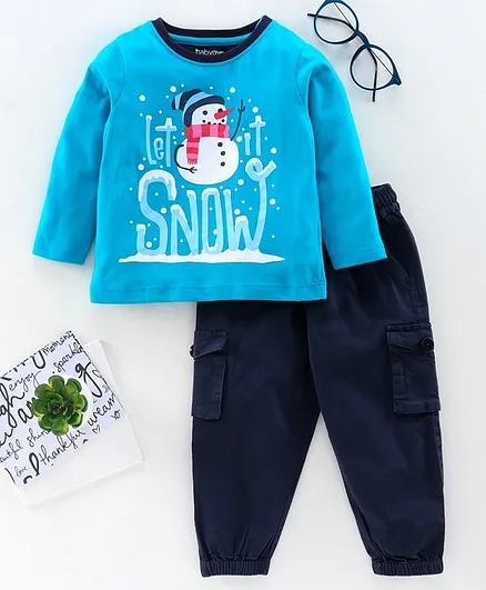 Babyoye Cotton Full Sleeve T-Shirt & Pant Set Let it Snow Print - Blue