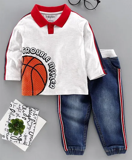 Babyoye Cotton Blend Full Sleeves Tee with Jeans Basketball Print - White Blue