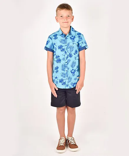 One Friday Half Sleeves Tropical Print Shirt - Blue