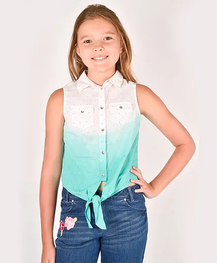 One Friday Sleeveless Tie & Dye Pattern Front Knot Tie Up Detailing Top - Sea Green