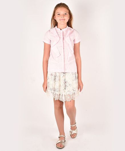 One Friday Half Sleeves Pearl Embellished Frilled Top - Pink