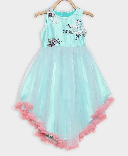 Rianna Sleeveless Flower Embroidered Netted High Low Gown - Sea Green
