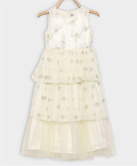 Rianna Sleeveless Floral Embroidery Work With Beads Netted Layered Gown - Yellow