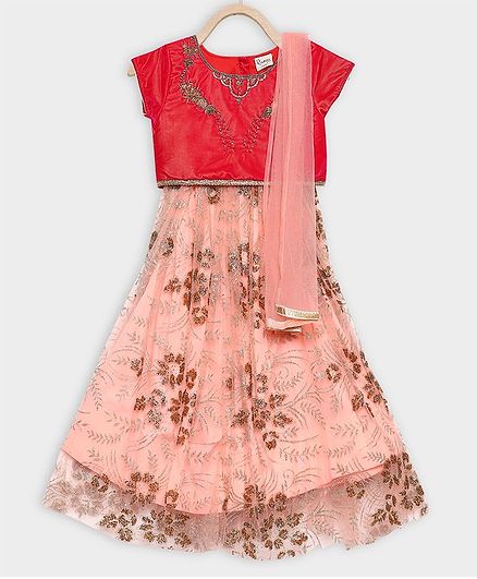 Rianna Cap Sleeves Choli With Flower Embroidery Flared Lehenga & Netted Dupatta Set - Red