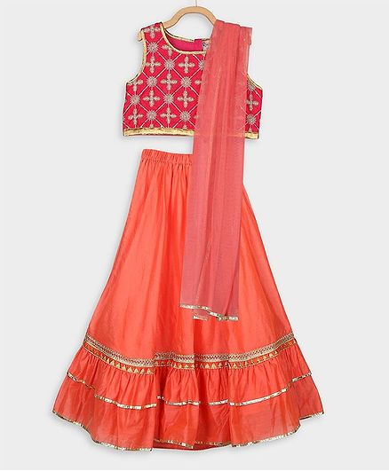 Rianna Sleeveless Flower Embroidered Choli With Gotta Patti lace Work Lehenga & Dupatat Set - Pink