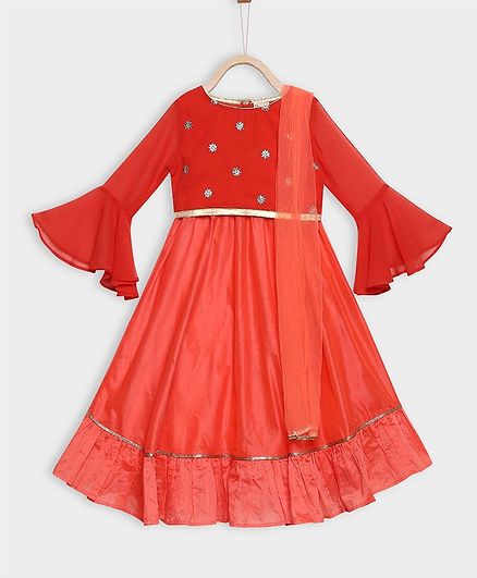 Rianna Bell Full Sleeves Flower Handwork Embroidery Choli With Gold Lace Lehenga & Netted Dupatta Set - Peach & Red
