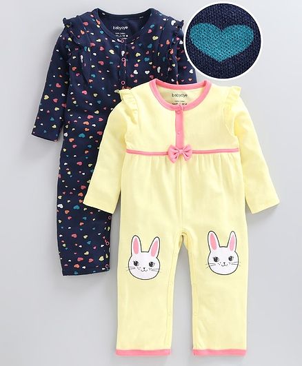 Babyoye Full Sleeves Sleep Suit Heart Print Pack of 2 - Yellow Navy