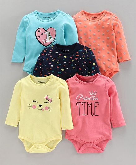 Babyoye Full Sleeves Printed Onesies Pack of 5 - Multicolor