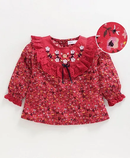 Babyoye Full Sleeves Woven Top Floral Print - Red