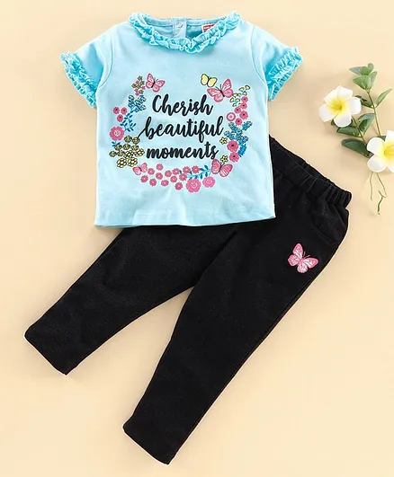 Babyhug Short Sleeves Tee & Pull Up Pant Floral & Butterfly Print - Blue