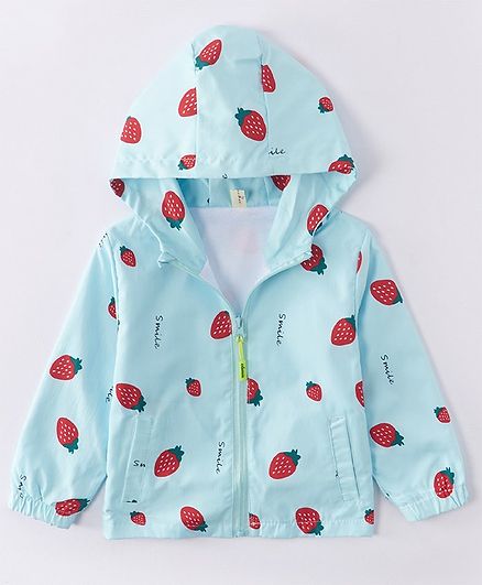 Kookie Kids Full Sleeves Hooded Jacket Strawberry Print - Light Blue