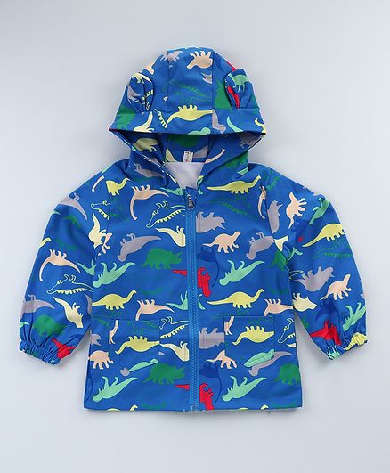 Kookie Kids Full Sleeves Hooded Sweat Jacket Dino Print - Blue