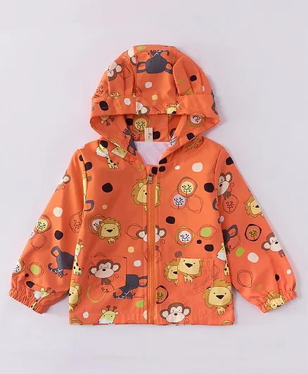 Kookie Kids Full Sleeves Hooded Sweat Jacket Animal Print - Orange